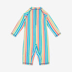 A UV Protective Surf Suit Multi Stripe in a colourful vertical stripe design, featuring long sleeves and short legs with a blue zip on the back.